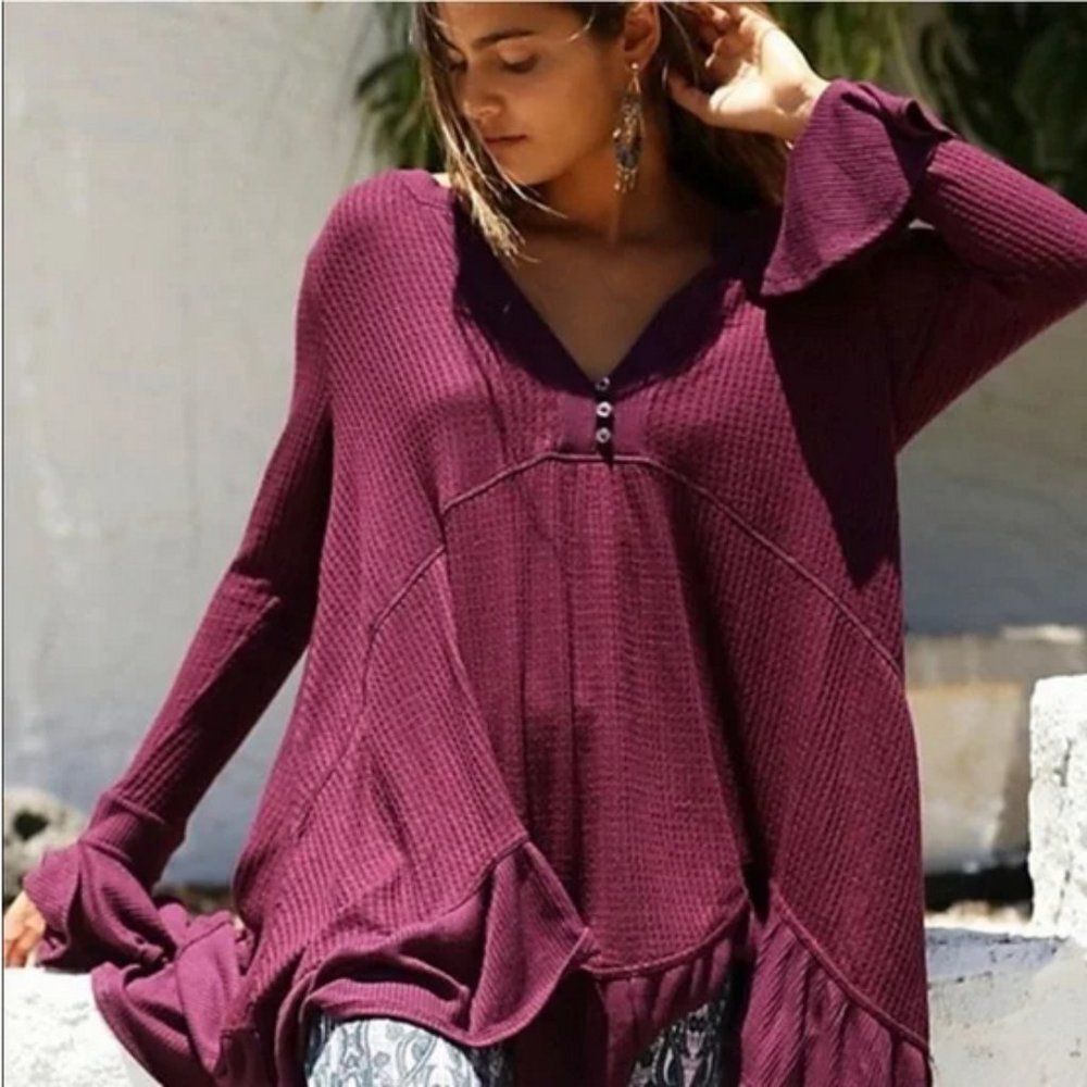 Free People Olivia Henley Waffle Tunic in Wine / Burgundy